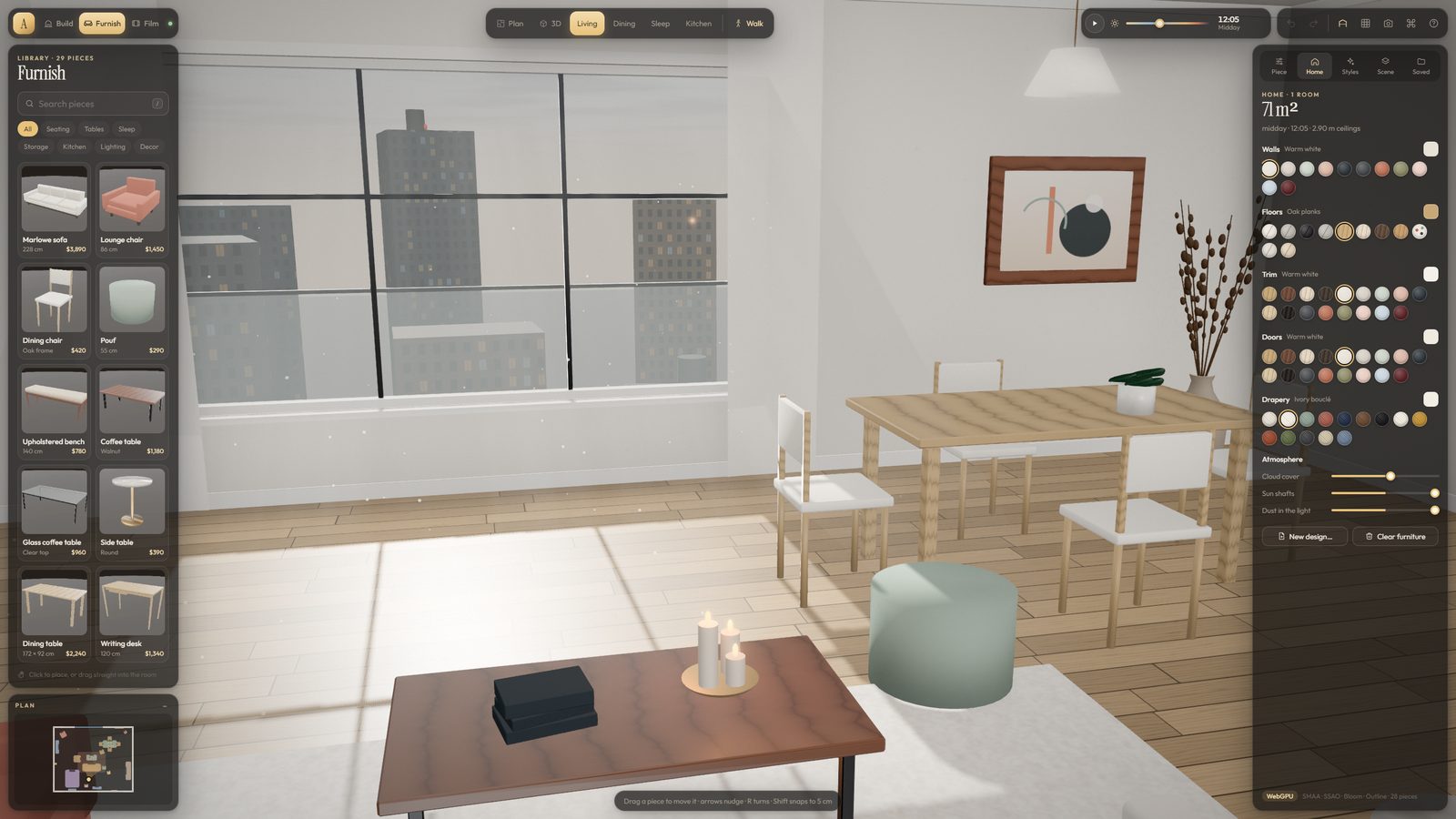 Atelier's workspace: a furnished living room in the centre, the furniture library on the left and material finishes on the right.