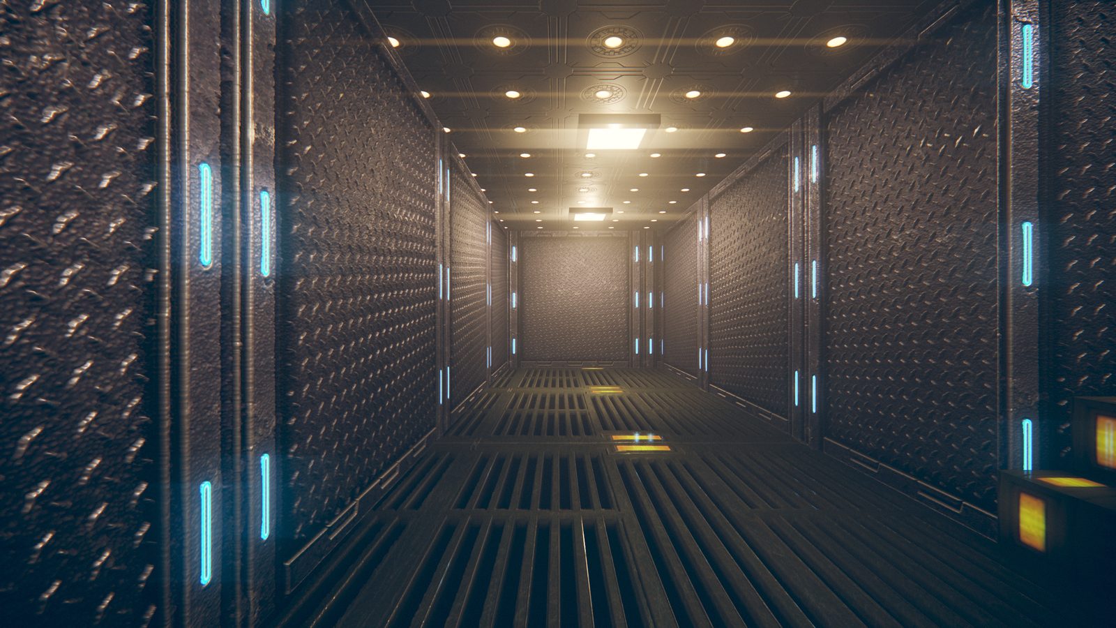 A frame rendered live by ID Engine: a lamp-lit metal corridor with diamond-plate walls, a grated floor and glowing wall lights.